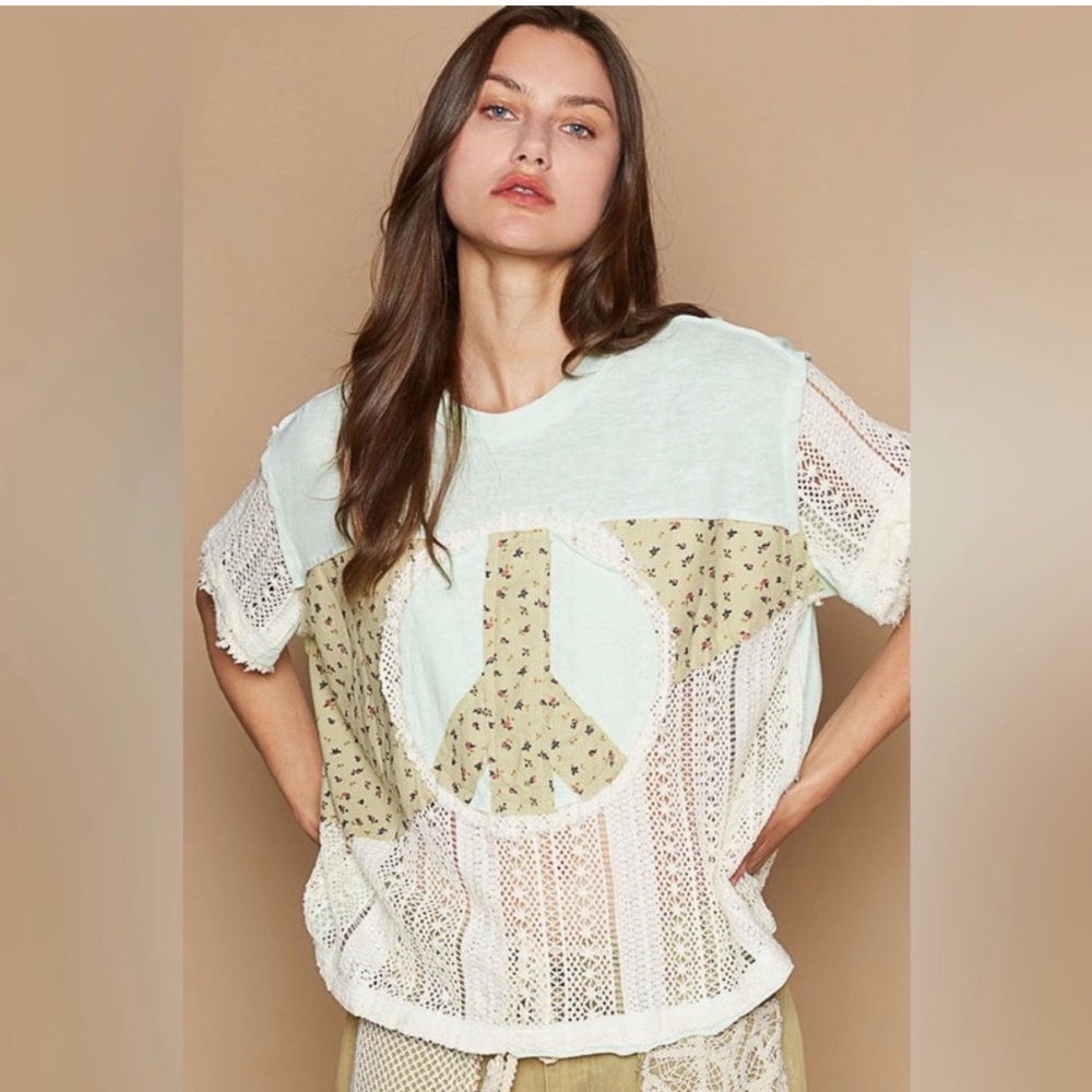 POL Mint & Cream Peace Sign Lace Panel Oversized